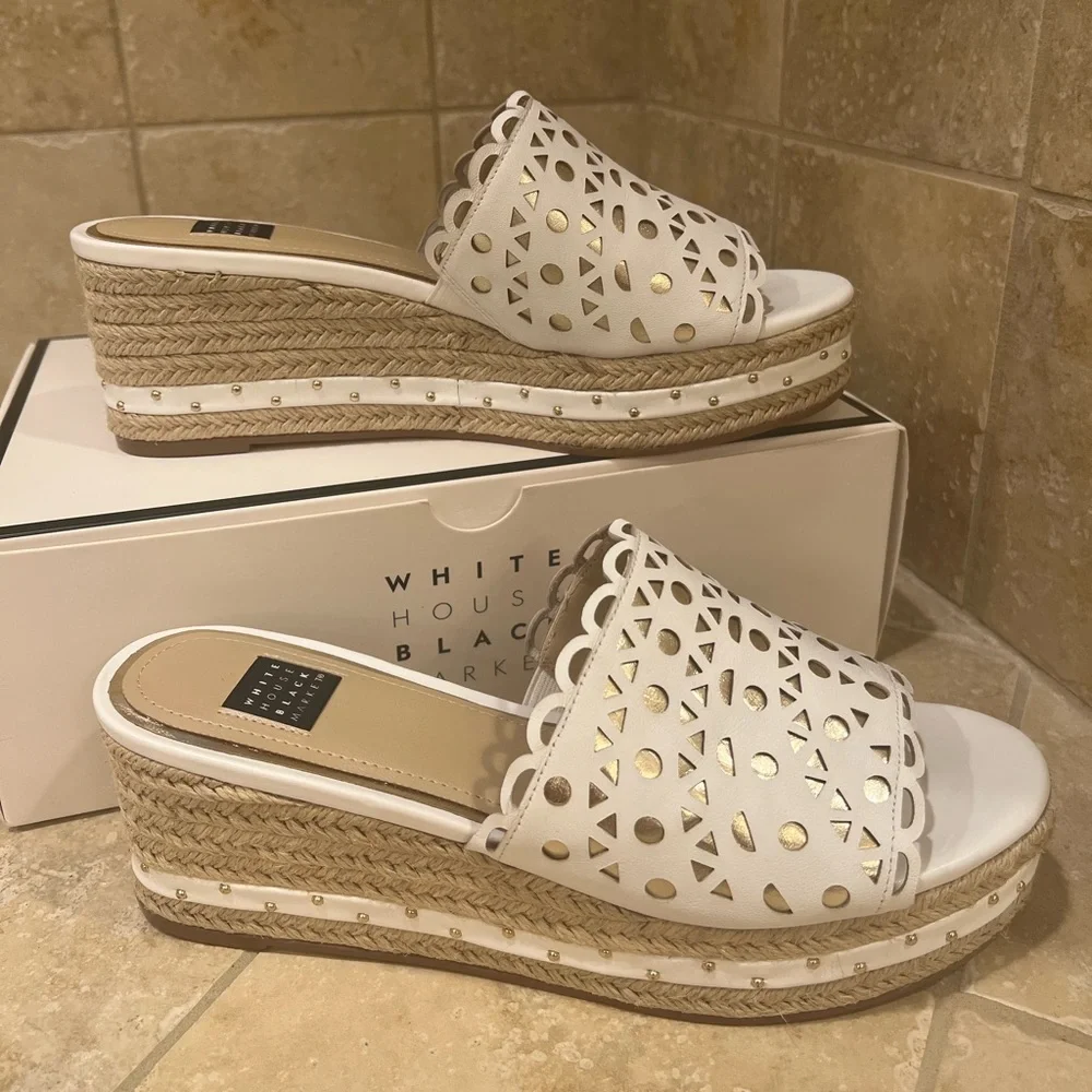 White House Black Market Laser-Cut Espadrille Wedge Slide Sandals - Picture 2 of 5